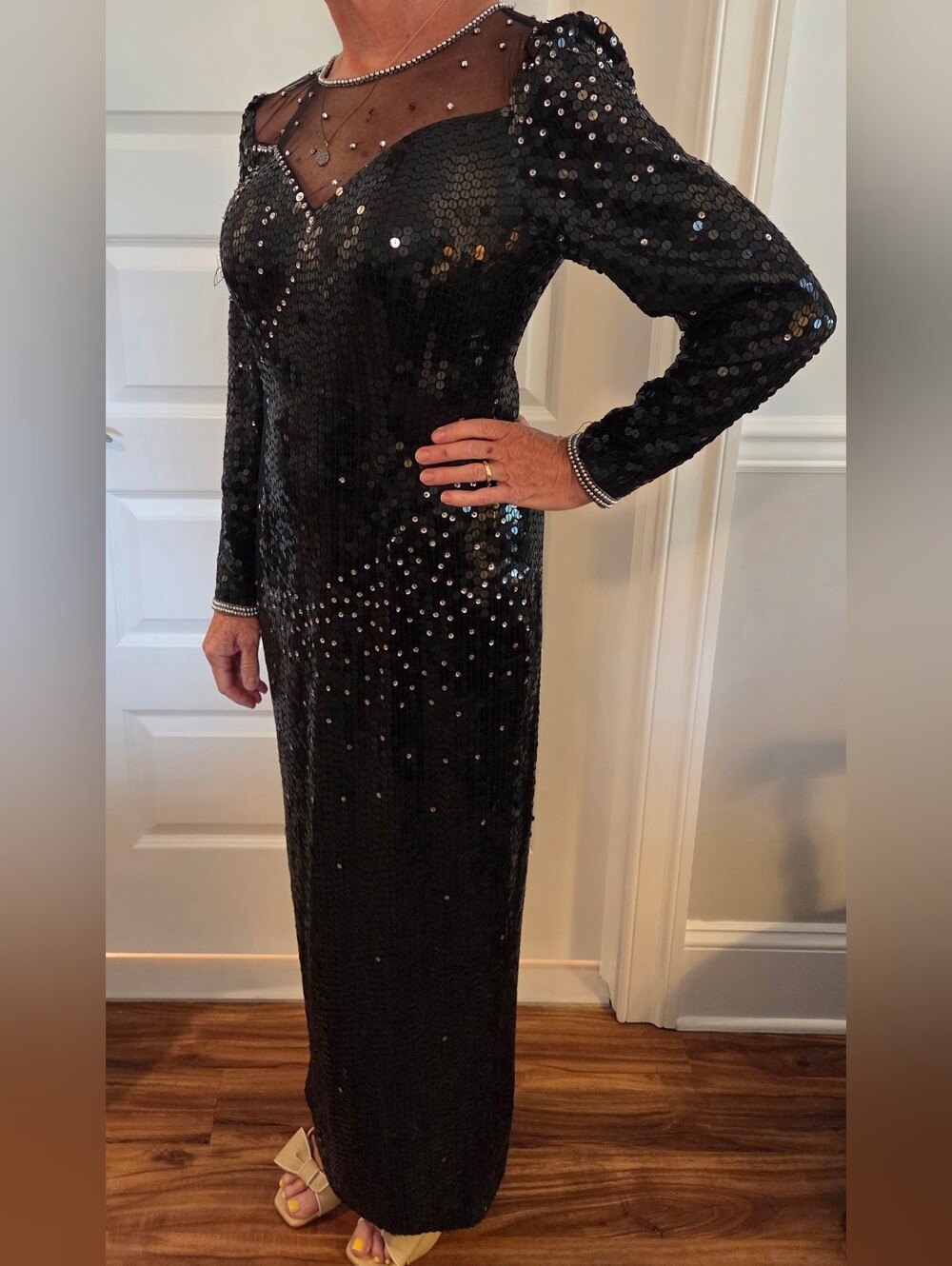 Black Sequin Long Sleeve Evening Gown